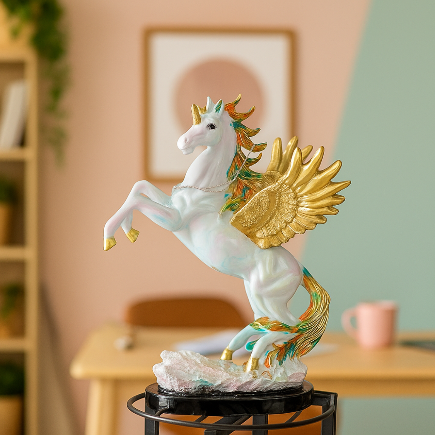 Decorative statue of a winged horse on a stand with a blurred indoor background
