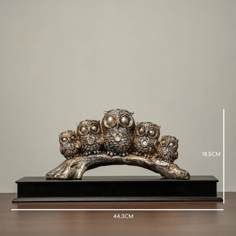 Silver Wisdom: Owl Family on Branch(Attracts Wisdom and Good Health)