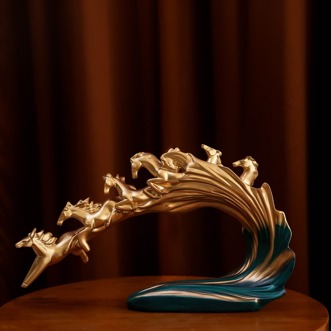 Golden Gallop Wave Sculpture (Seven Horses)