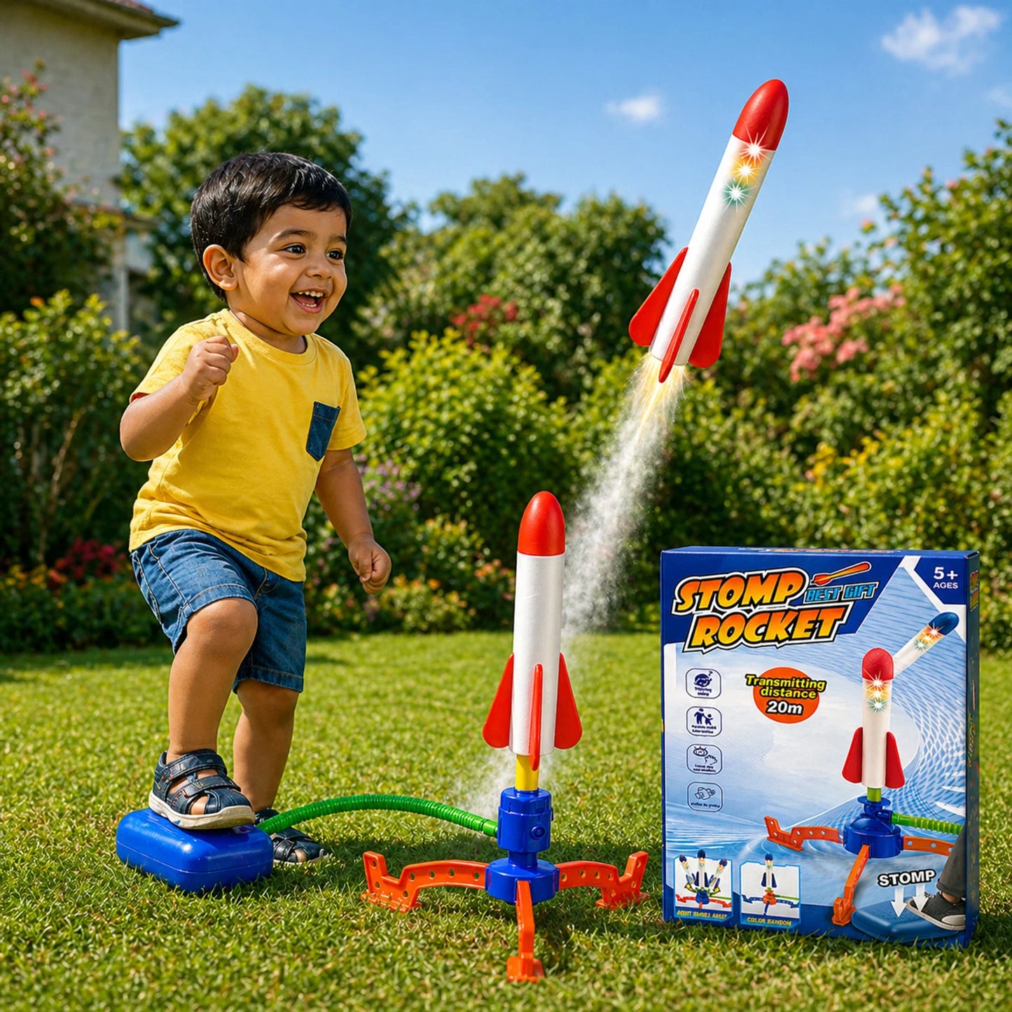 Jump Rocket Stomp Launcher and 3 Foam Tipped Rockets with Whistling Sound