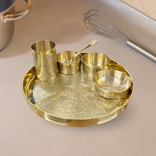 Brass Thaali Set - 6 pieces set (1 Thaali, 3 bowls, 1 glass and 1 spoon)