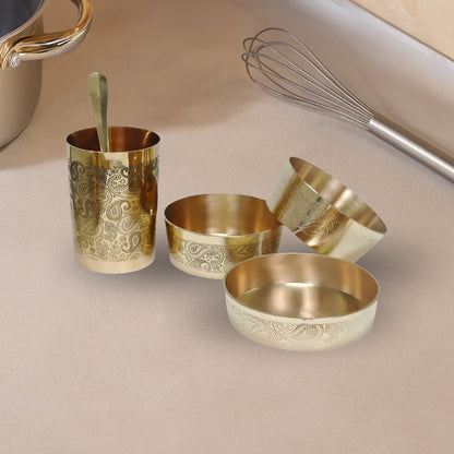 Brass Thaali Set - 6 pieces set (1 Thaali, 3 bowls, 1 glass and 1 spoon)