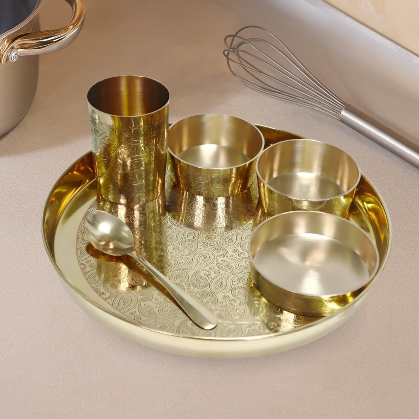 Brass Thaali Set - 6 pieces set (1 Thaali, 3 bowls, 1 glass and 1 spoon)