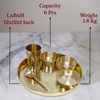 Brass Thaali Set - 6 pieces set (1 Thaali, 3 bowls, 1 glass and 1 spoon)