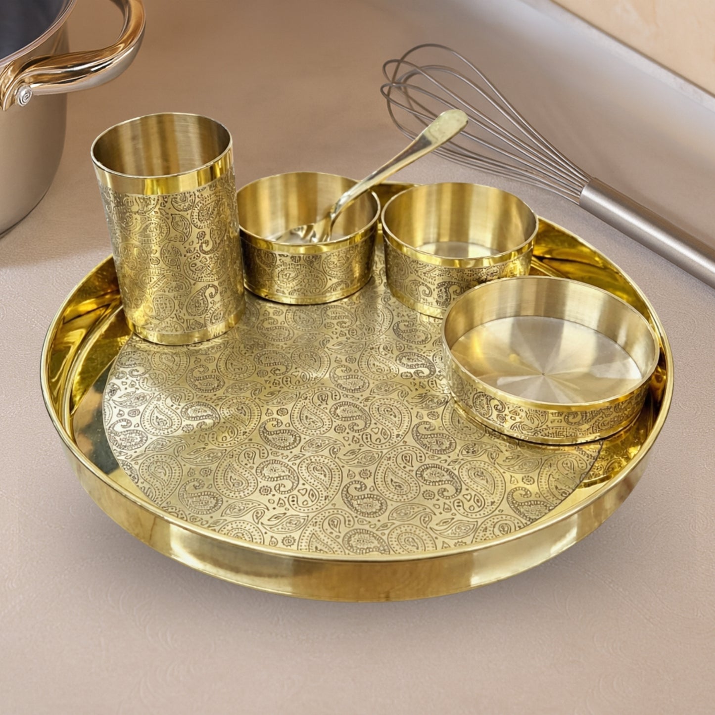 Brass Thaali Set - 6 pieces set (1 Thaali, 3 bowls, 1 glass and 1 spoon)