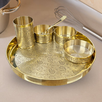Brass Thaali Set - 6 pieces set (1 Thaali, 3 bowls, 1 glass and 1 spoon)