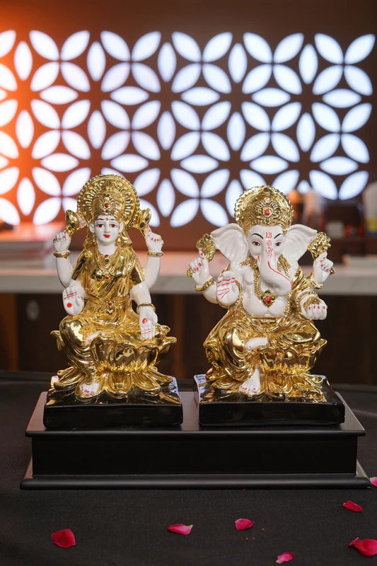 Lakshmi Ganesh Ji on Lotus - 24K Gold Plated Finish Set 9" Inch
