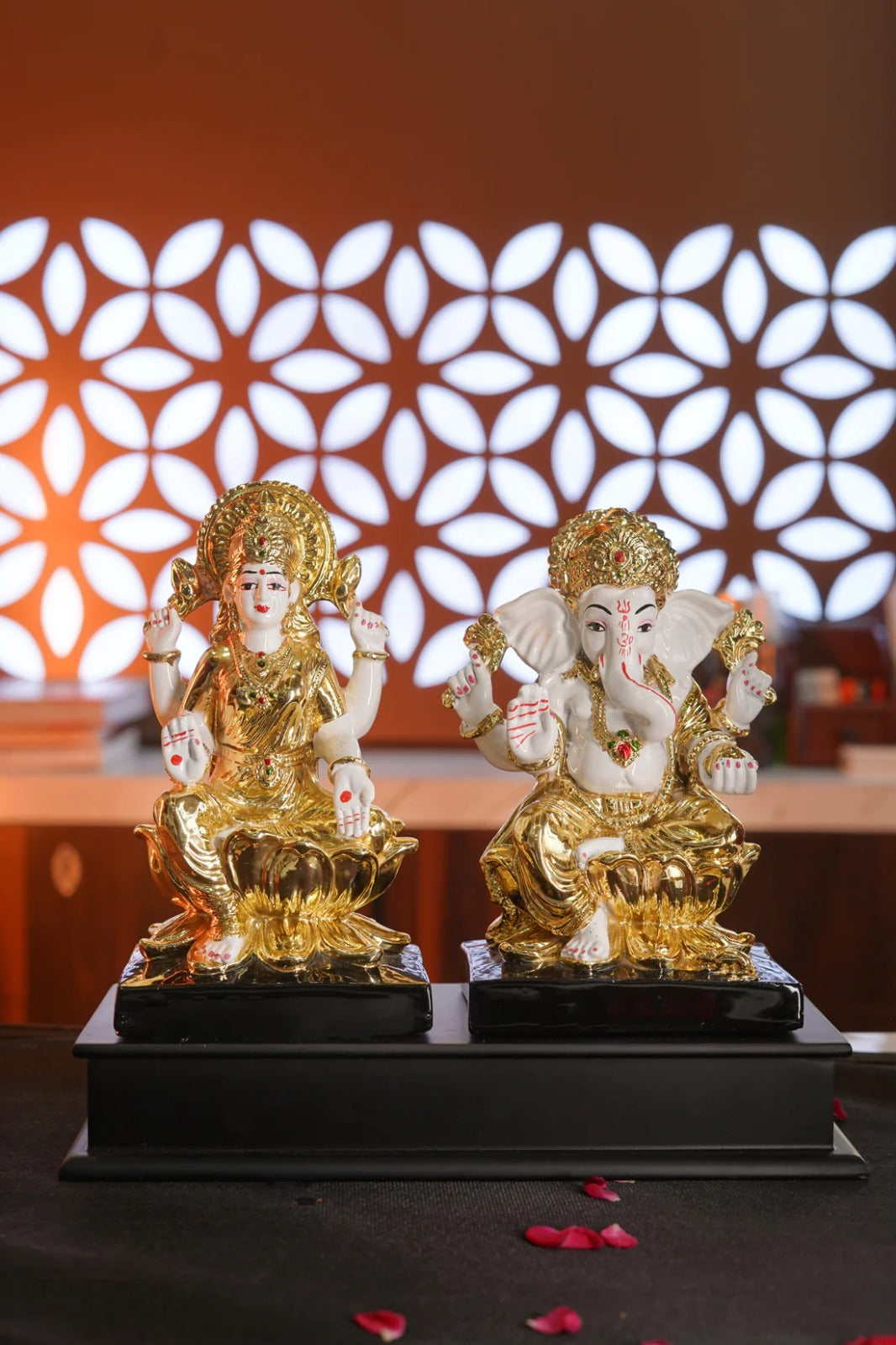 Lakshmi Ganesh Ji on Lotus - 24K Gold Plated Finish Set 9" Inch