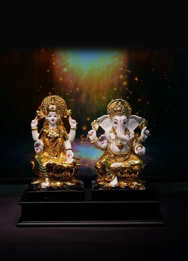 Lakshmi Ganesh Ji on Lotus - 24K Gold Plated Finish Set 9" Inch