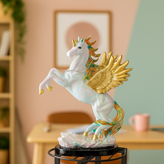 Decorative statue of a winged horse on a stand with a blurred indoor background