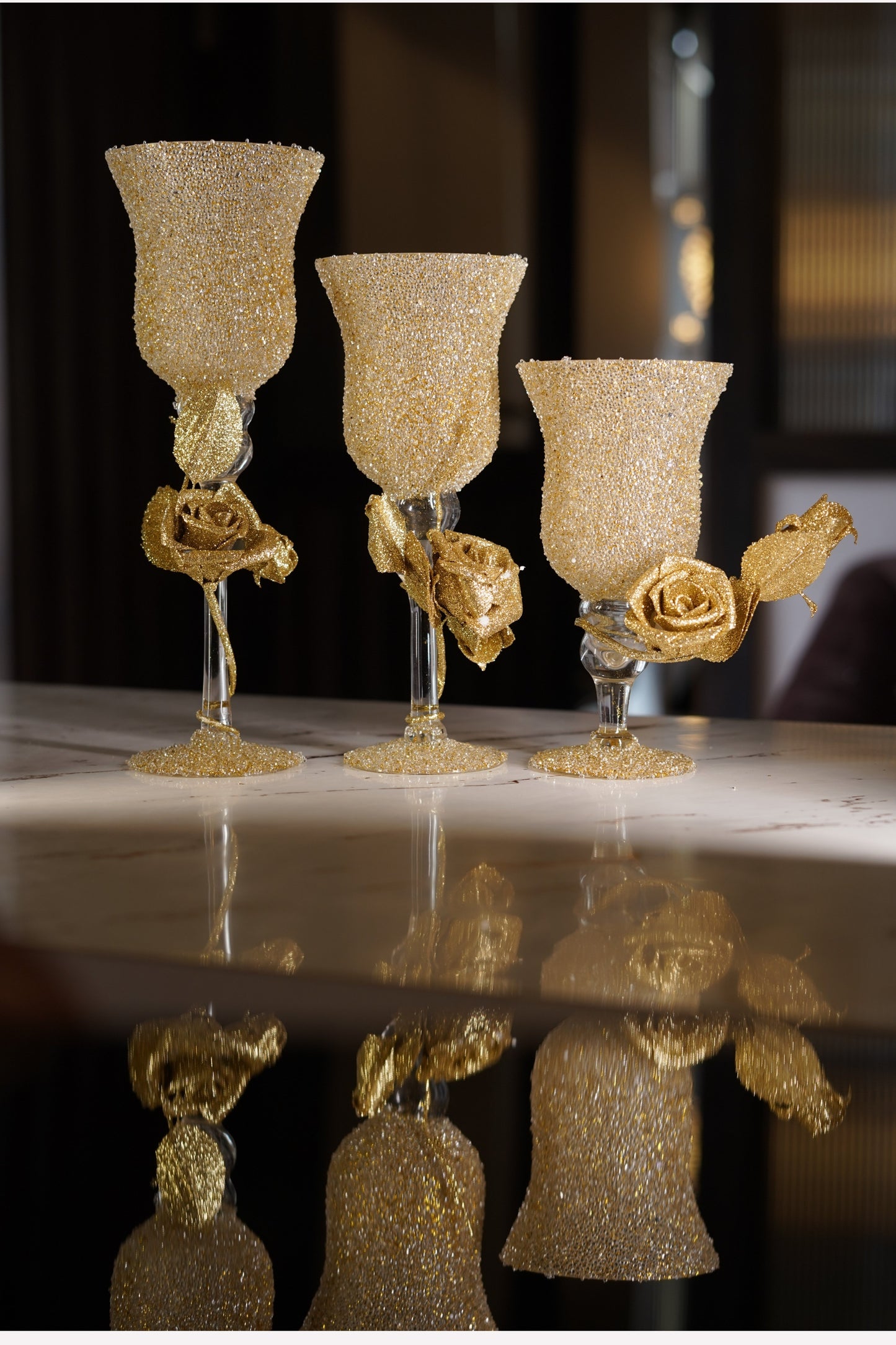 Golden Bloom – Luxury 3 Glass Candle Stand Set