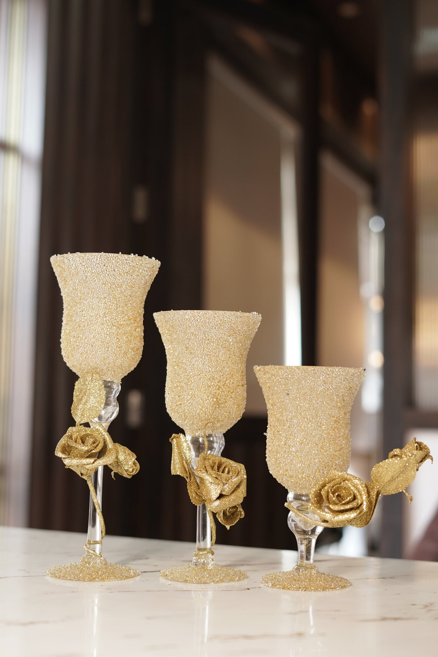 Golden Bloom – Luxury 3 Glass Candle Stand Set
