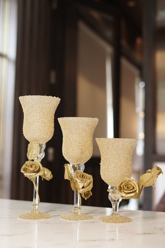 Golden Bloom – Luxury 3 Glass Candle Stand Set